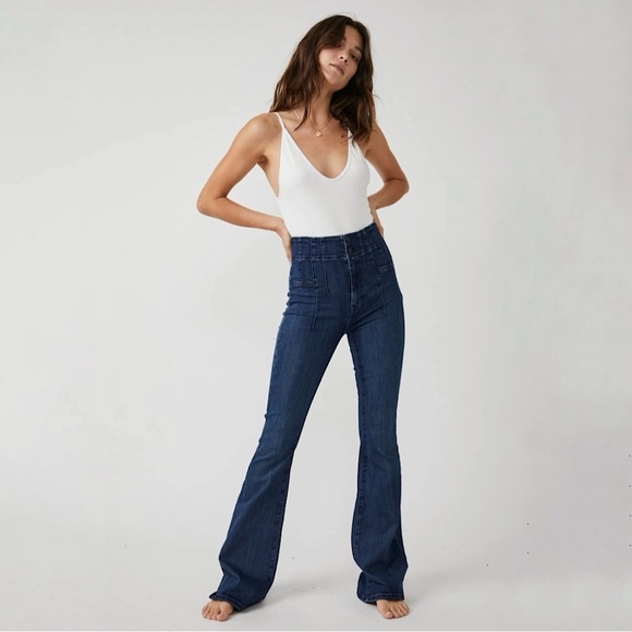 Free People We The Free Jayde Flare High Waist Stretch Denim Jeans Night Sky 32 - Picture 1 of 16